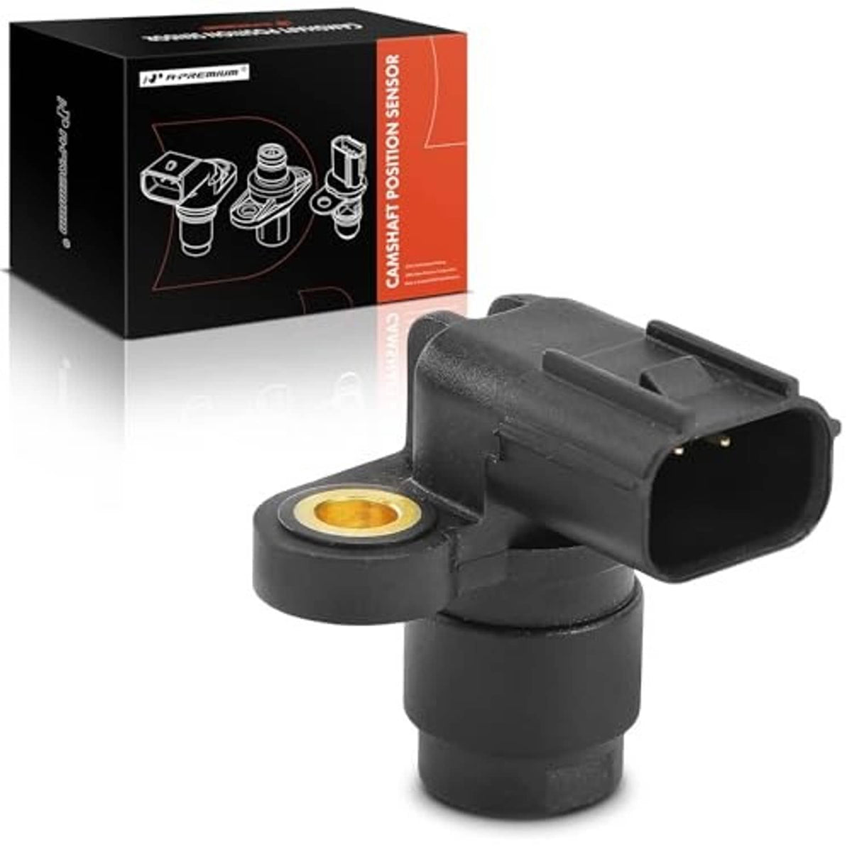 Black camshaft position sensor with round gold contact, side-mounted sensor body