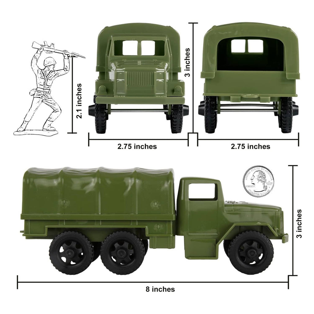 OD green plastic cargo truck model with front, side, and size diagram overlays