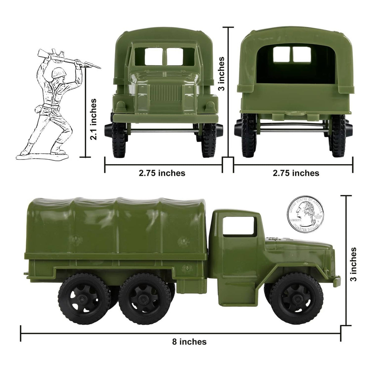 OD green plastic cargo truck model with front, side, and size diagram overlays