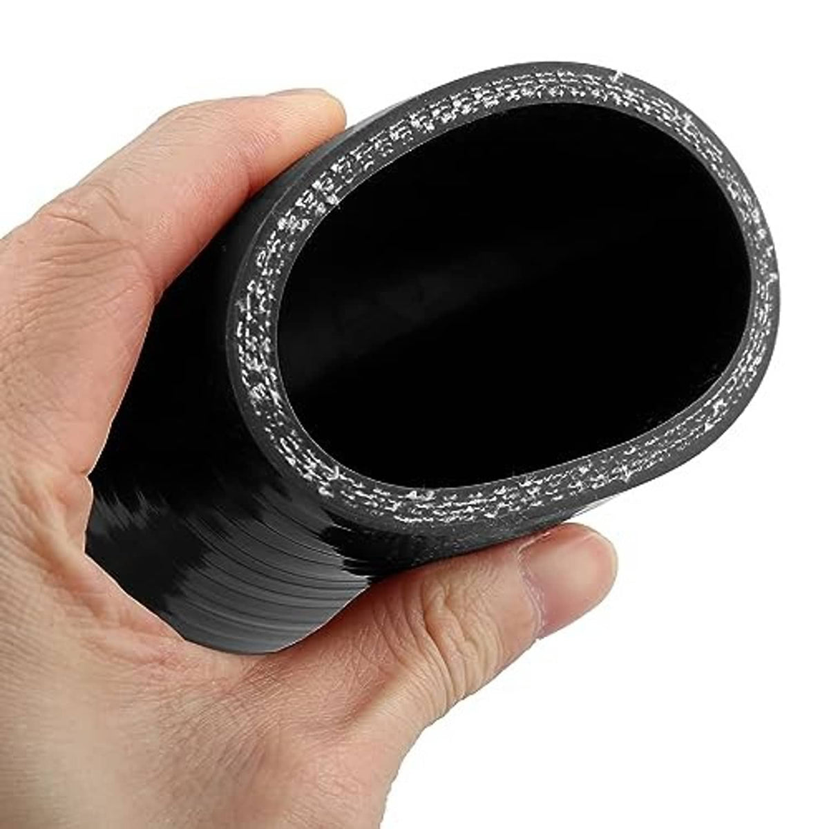 Black silicone hose reducer with silver-etched rim detail, open end close-up.