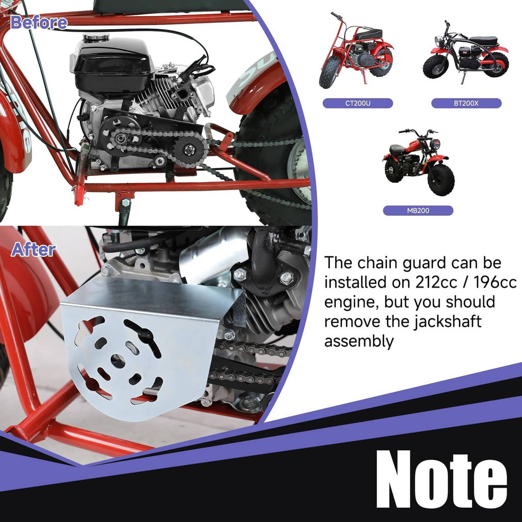 Silver clutch chain guard cover shown before and after installation on a mini bike
