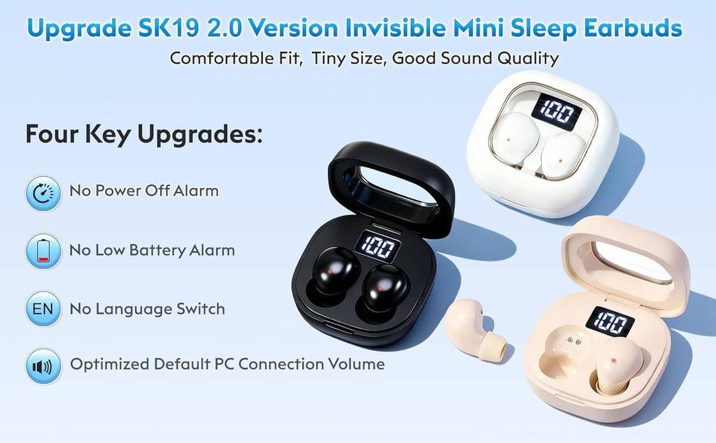 Invisible mini sleep earbuds set with charging case, showing earbuds and case displays