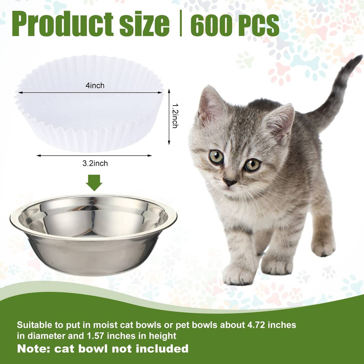 White disposable feeding bowl liner with metal pet bowl for food, size shown
