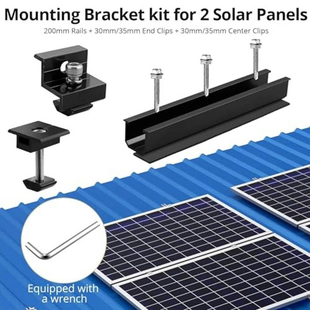 Solar panel mounting bracket kit for two panels with black rails and bolt clamps