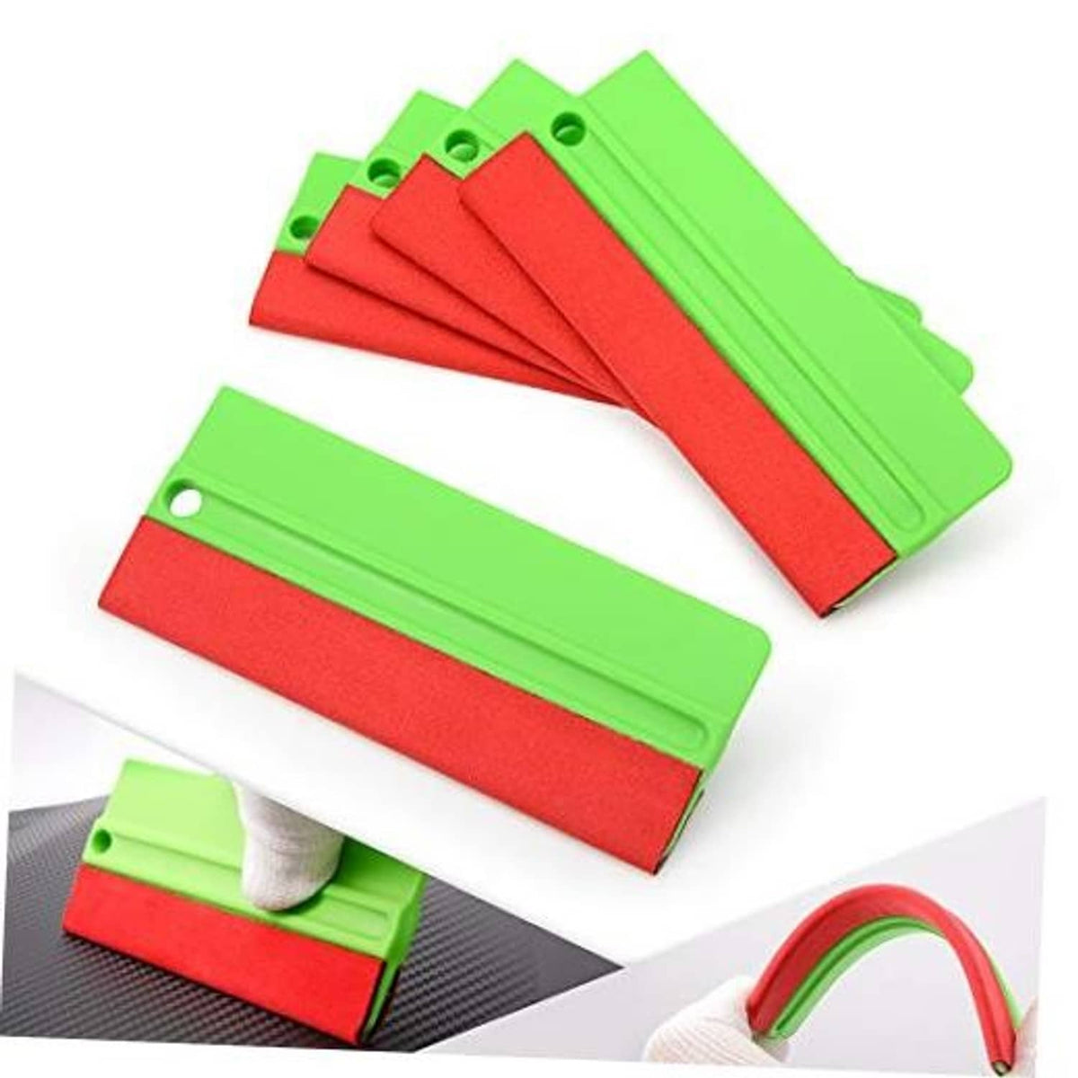 Felt squeegee wrap tools, stacked green plastic frames with red felt edges