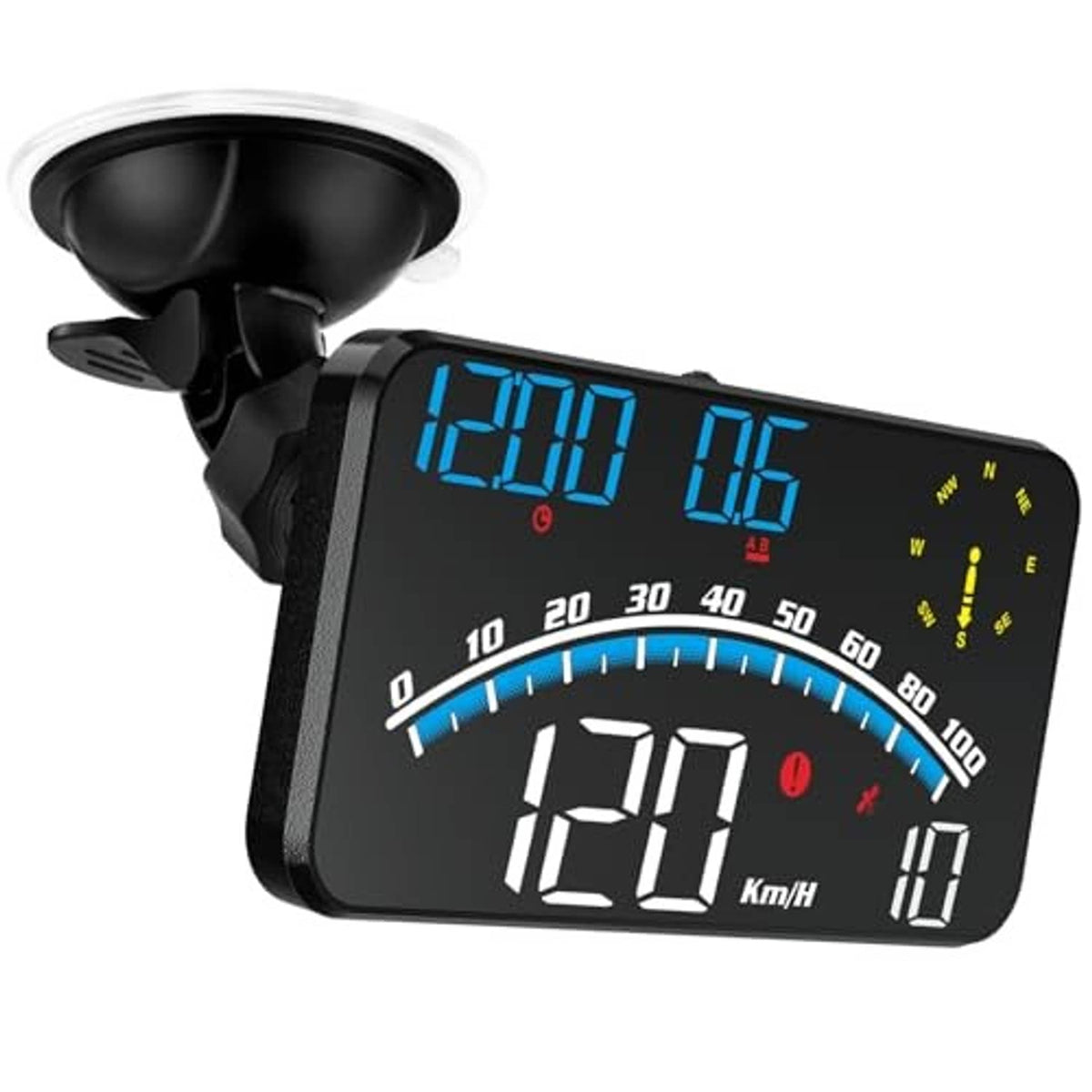 Black digital GPS speedometer with blue LCD showing speed 129 and compass