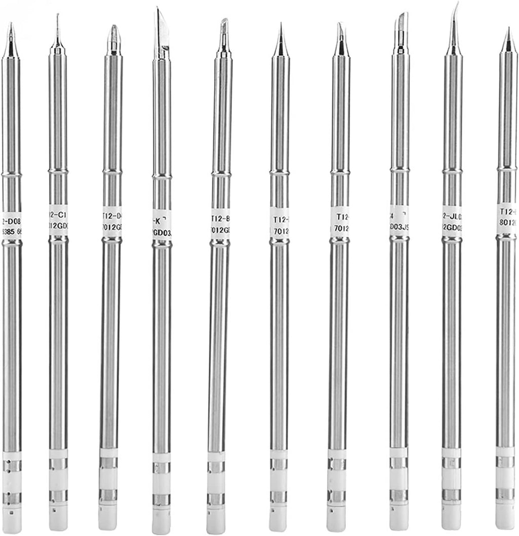 Soldering iron tip set with several pointed replacement tips on white grips