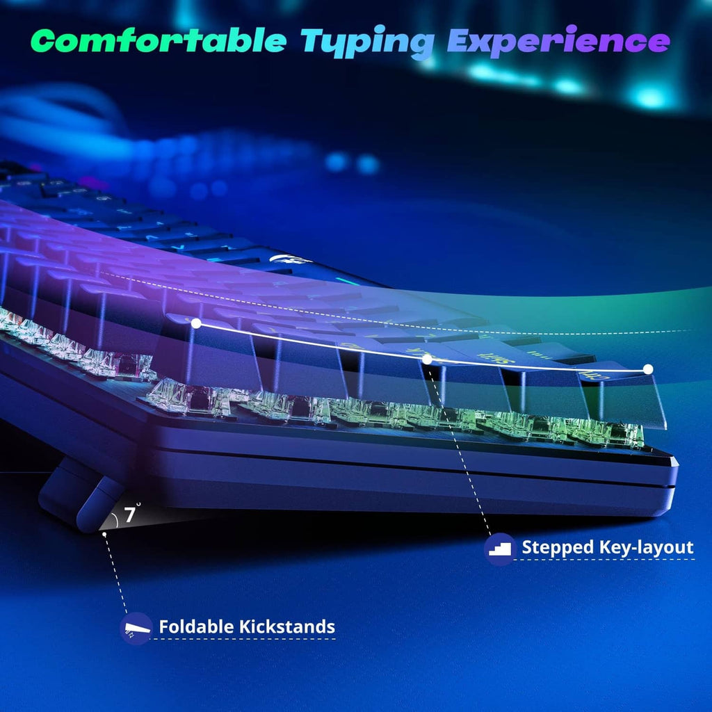 Mechanical gaming keyboard side profile with RGB backlit keys and dashed layout lines.