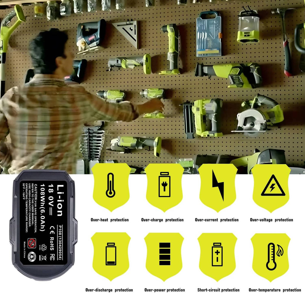 Black Li-ion battery pack with terminals and safety protection icons on label