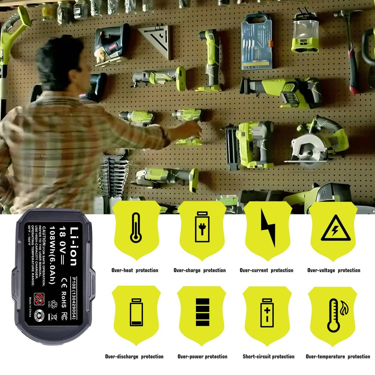 Black Li-ion battery pack with terminals and safety protection icons on label