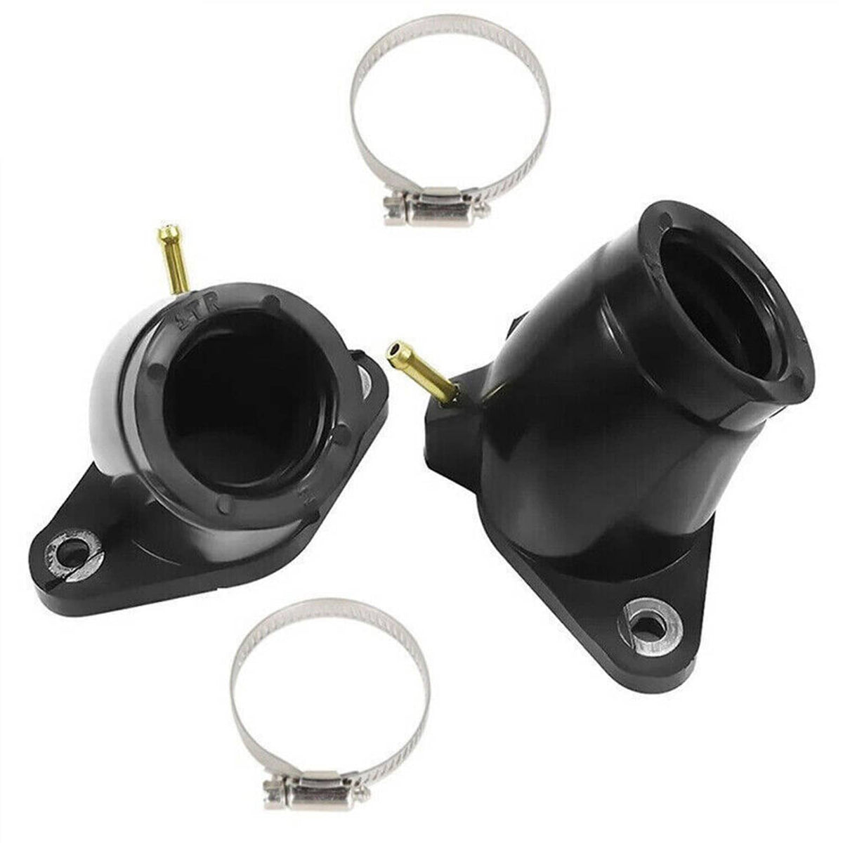 Two black rubber carb intake boots with metal clamps and brass-tipped valve parts