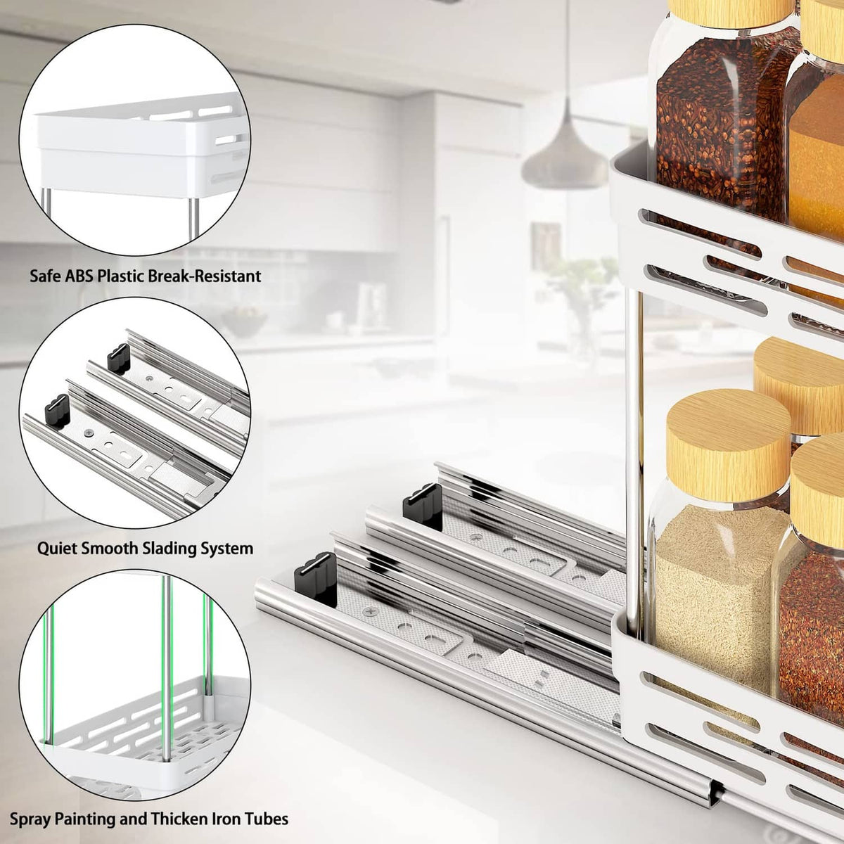 White pull-out spice rack organizer with quiet smooth sliding metal rails and ABS panels