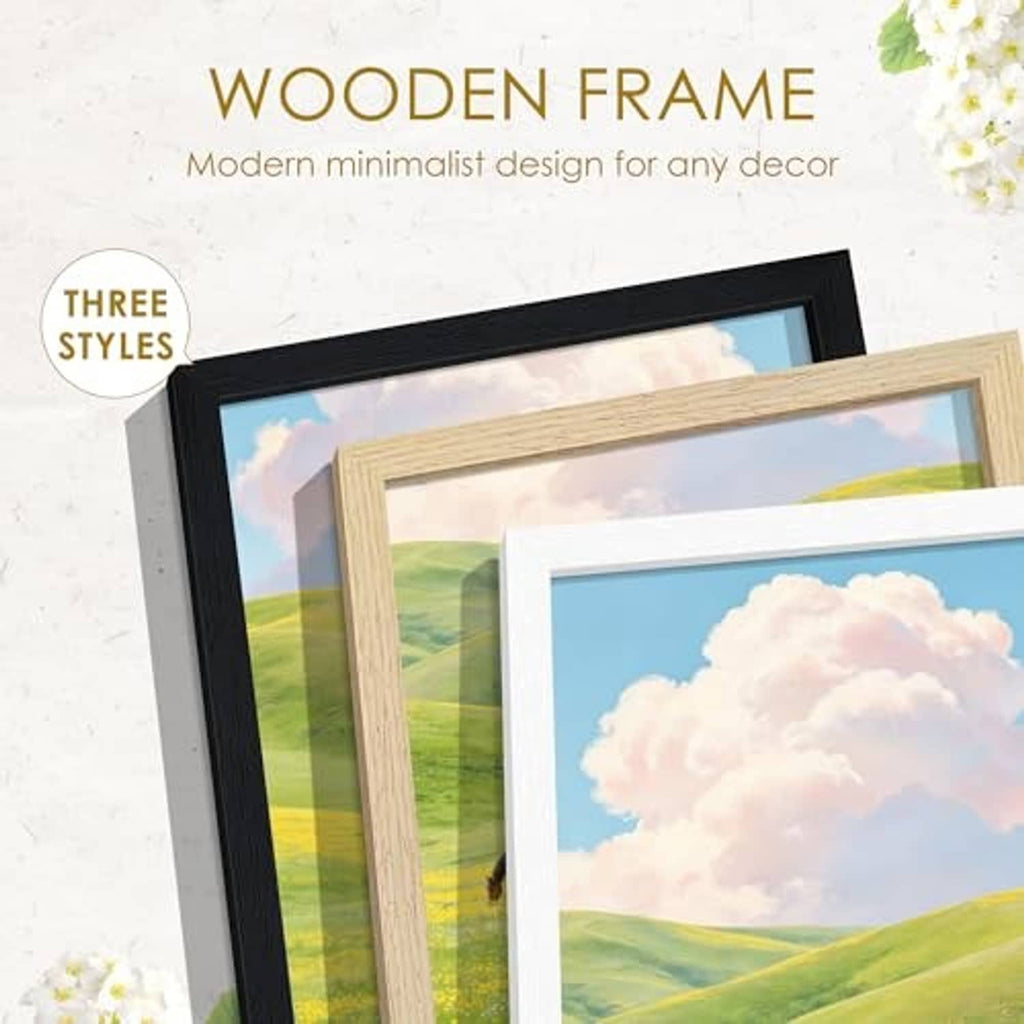 Overlapping 8x10 wooden picture frames in natural and black finishes