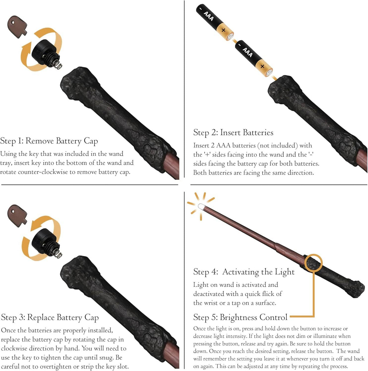 Illuminating wand set showing battery cap removal and insert steps, two views