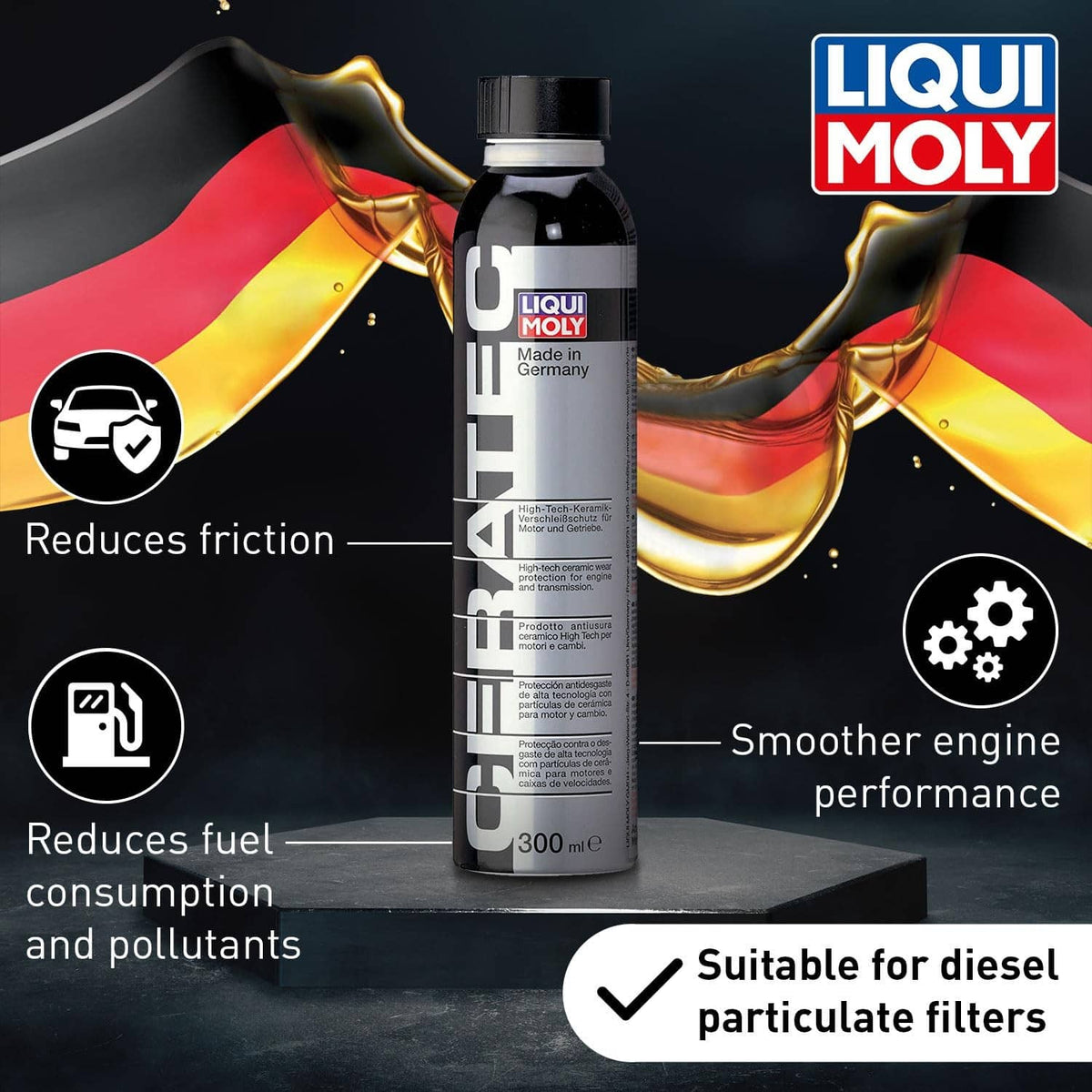 Liqui Moly oil additive bottle with black cap and silver-gray label