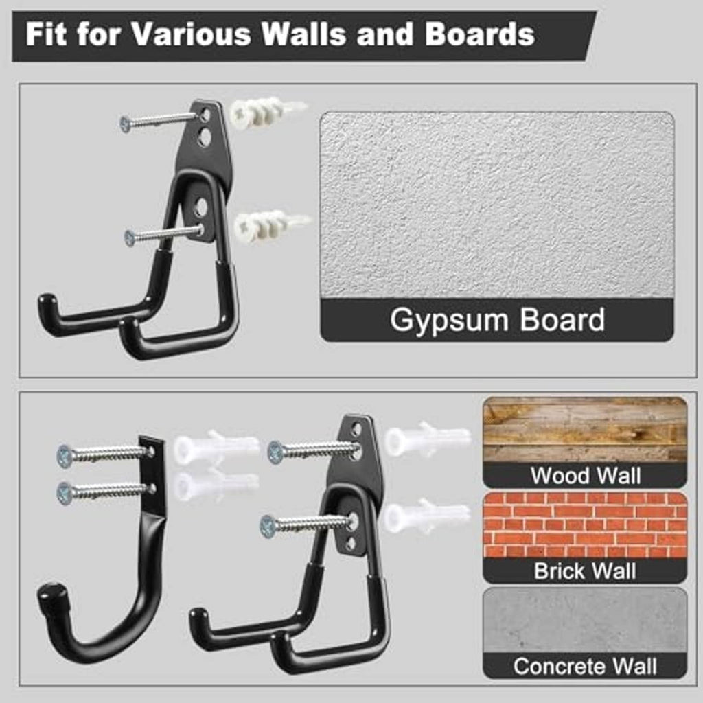 Black steel hooks with anchors for gypsum board, wood, brick, and concrete walls.