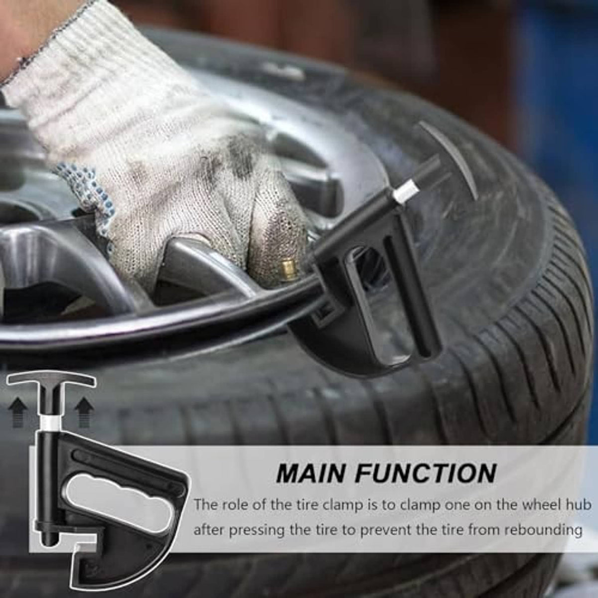 Tire bead clamp holding rim edge with pry lever and locking notch