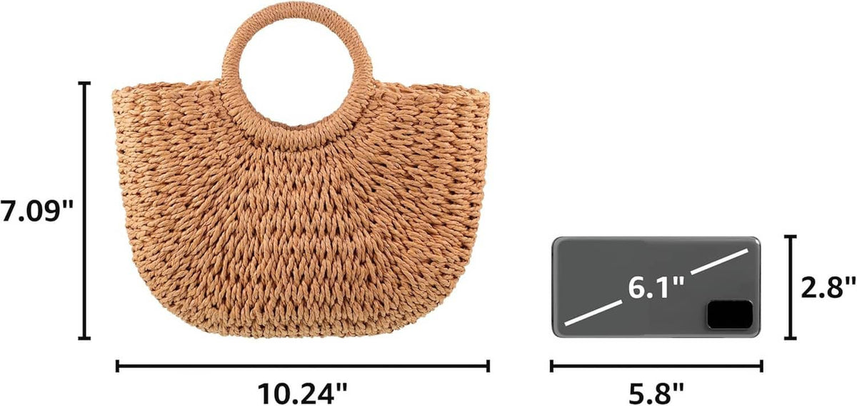 Light brown woven straw tote bag with round handle, front view