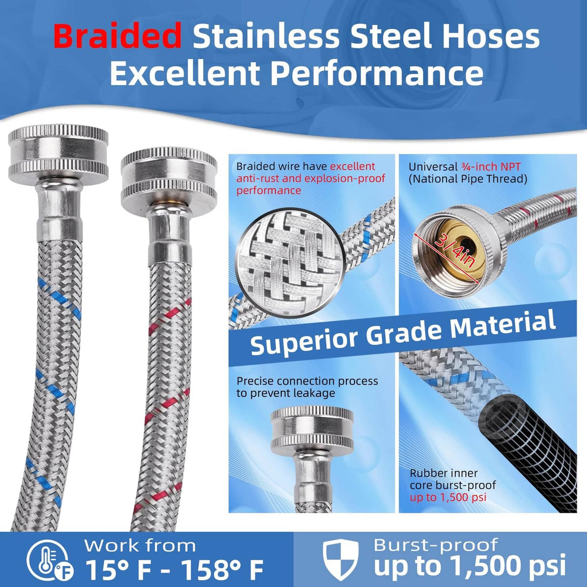 Braided stainless steel washing machine hoses with chrome threaded end fittings
