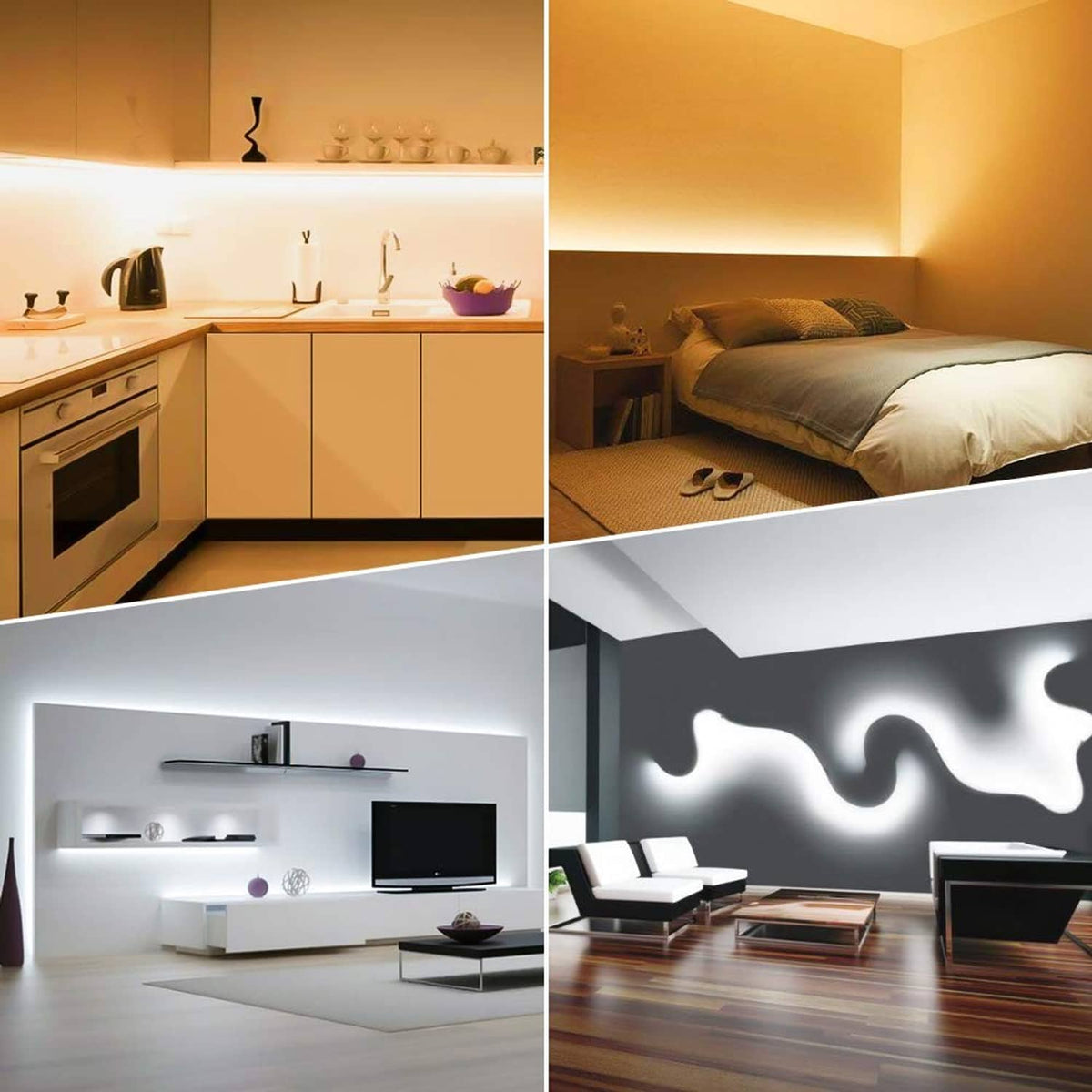 Home room lighting collage showing warm and cool illumination on LED strips