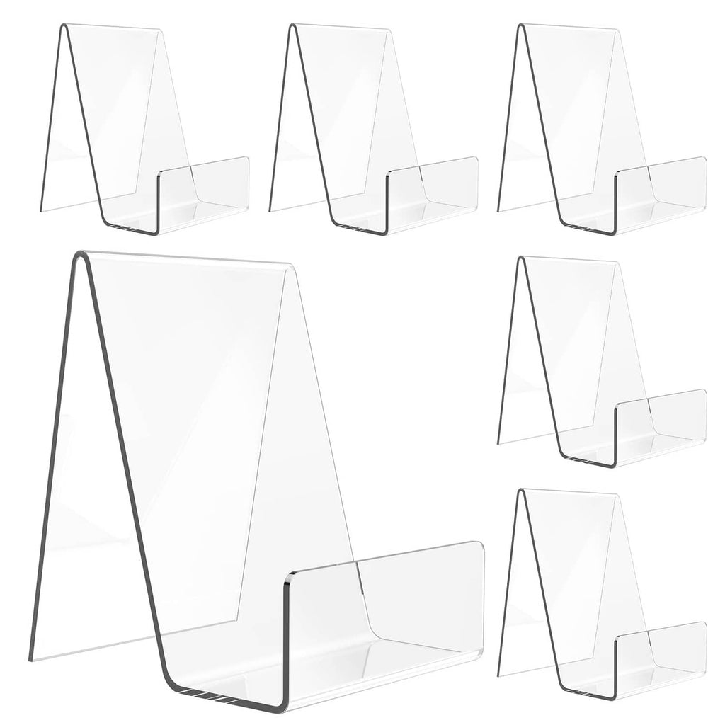 Set of 6 clear acrylic easel book stands with front shelf and open frame