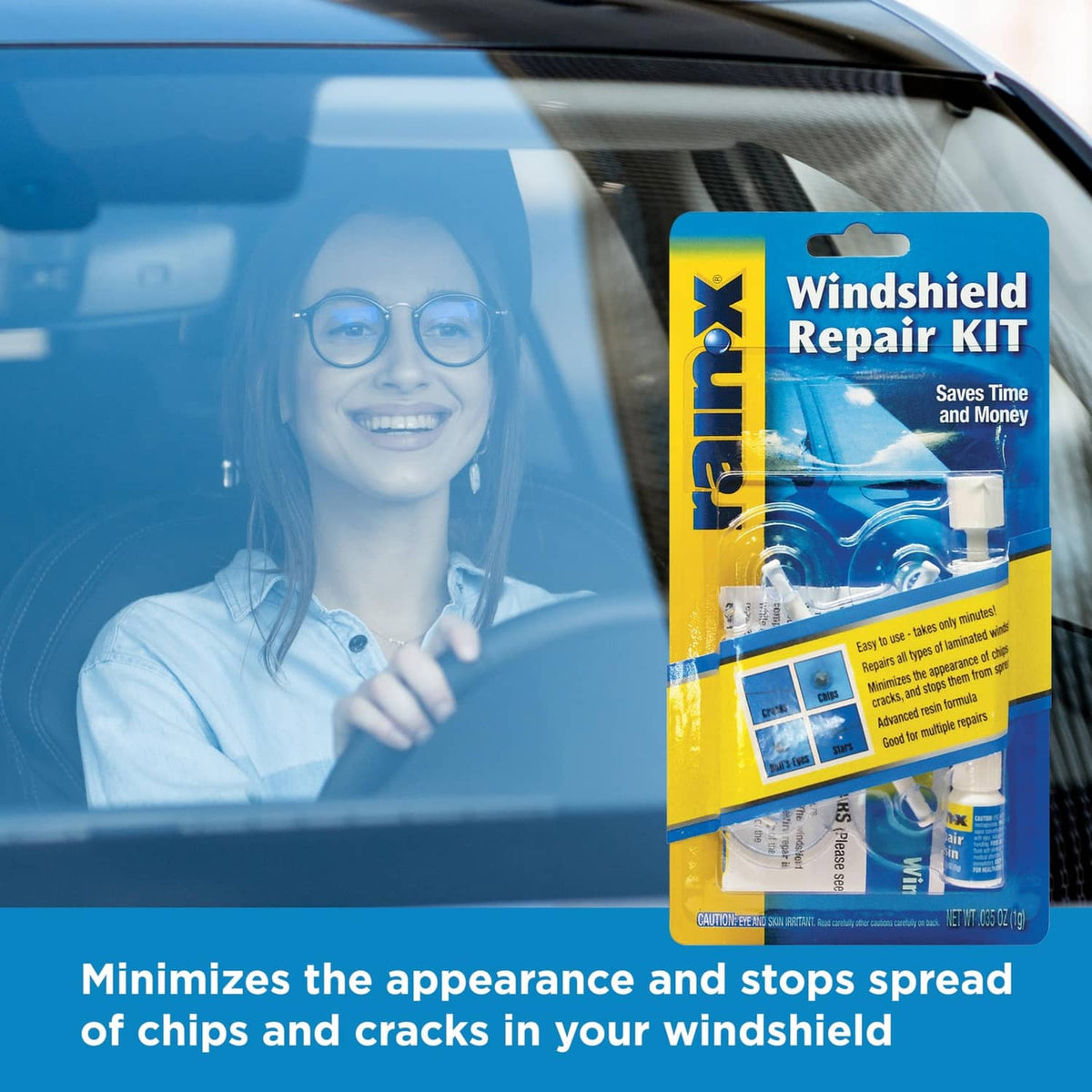 Rain-x windshield repair kit on dashboard with sealed blister card