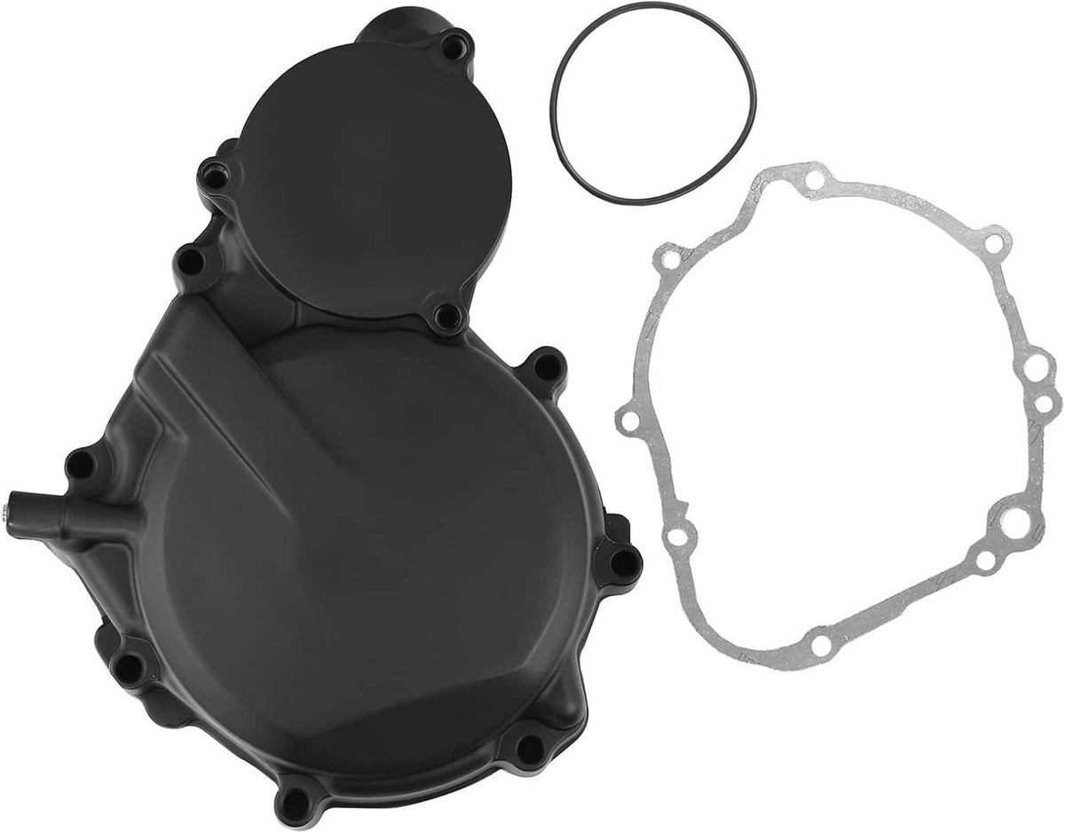 Black aluminum engine stator cover with gasket and O-ring