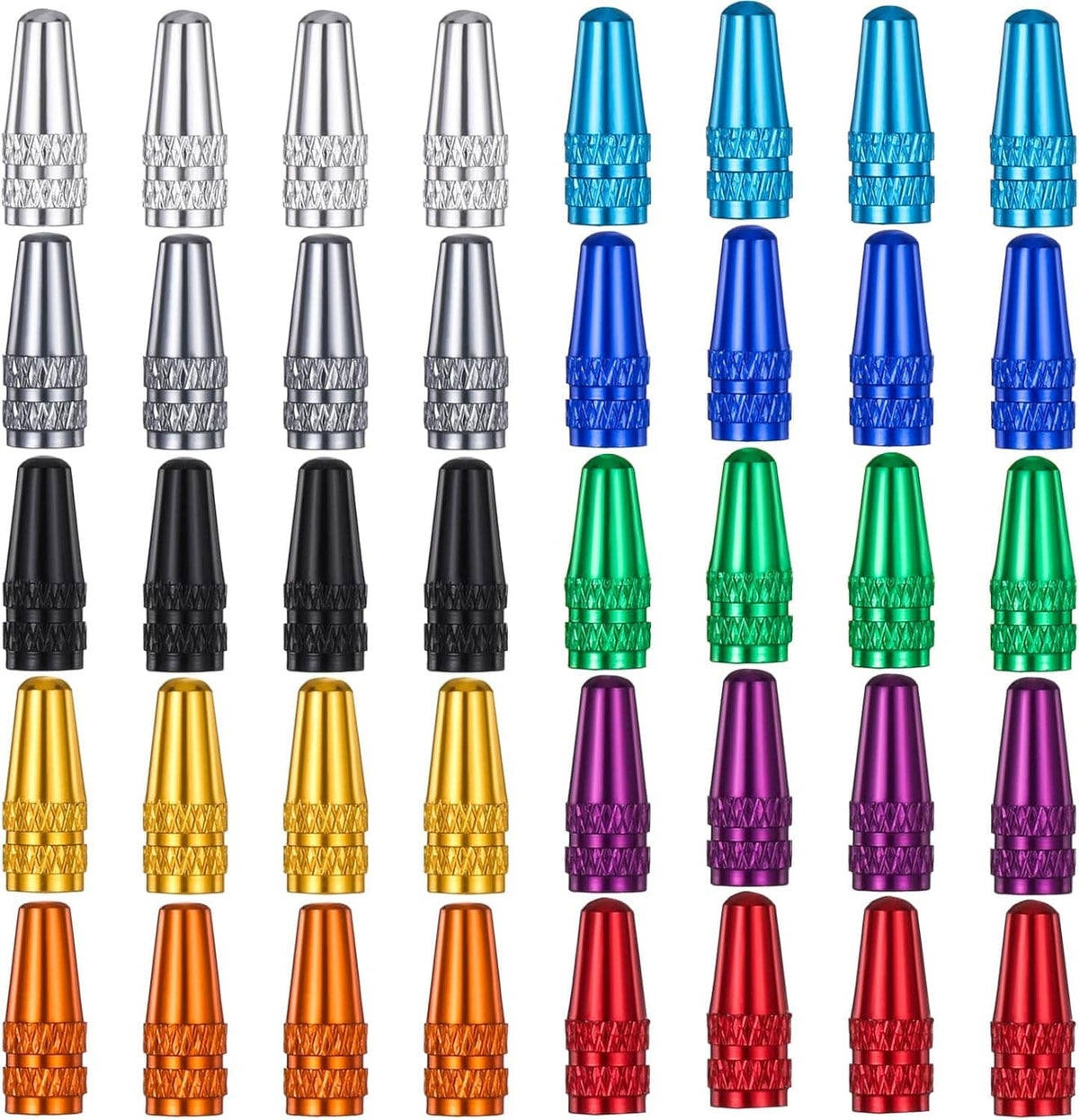 40-piece Presta valve cap set in assorted colors, knurled metal top and grip