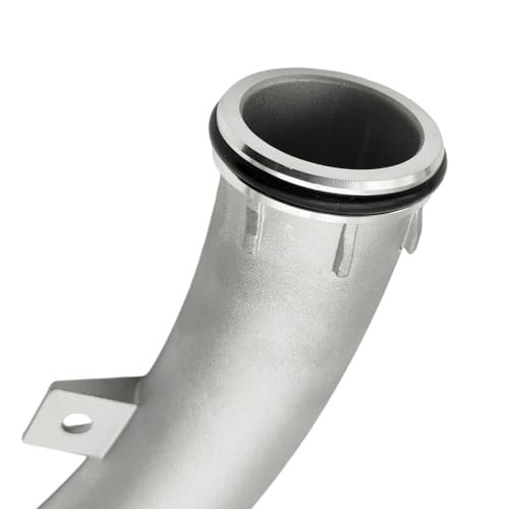 Aluminum coolant pipe coupler with black rubber O-ring seal and mounting tab