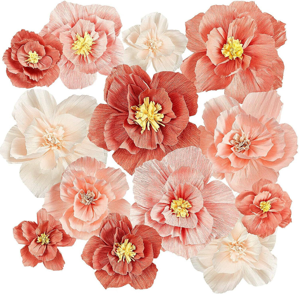 Assorted tissue paper flowers set with coral and white layered blossoms, 24 pcs