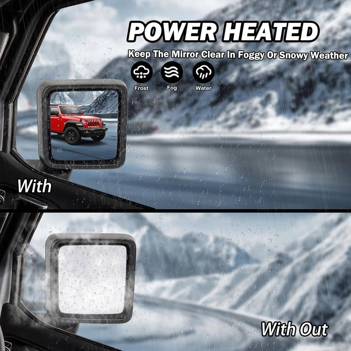Power heated right side mirror with clear glass for defogging and snow visibility