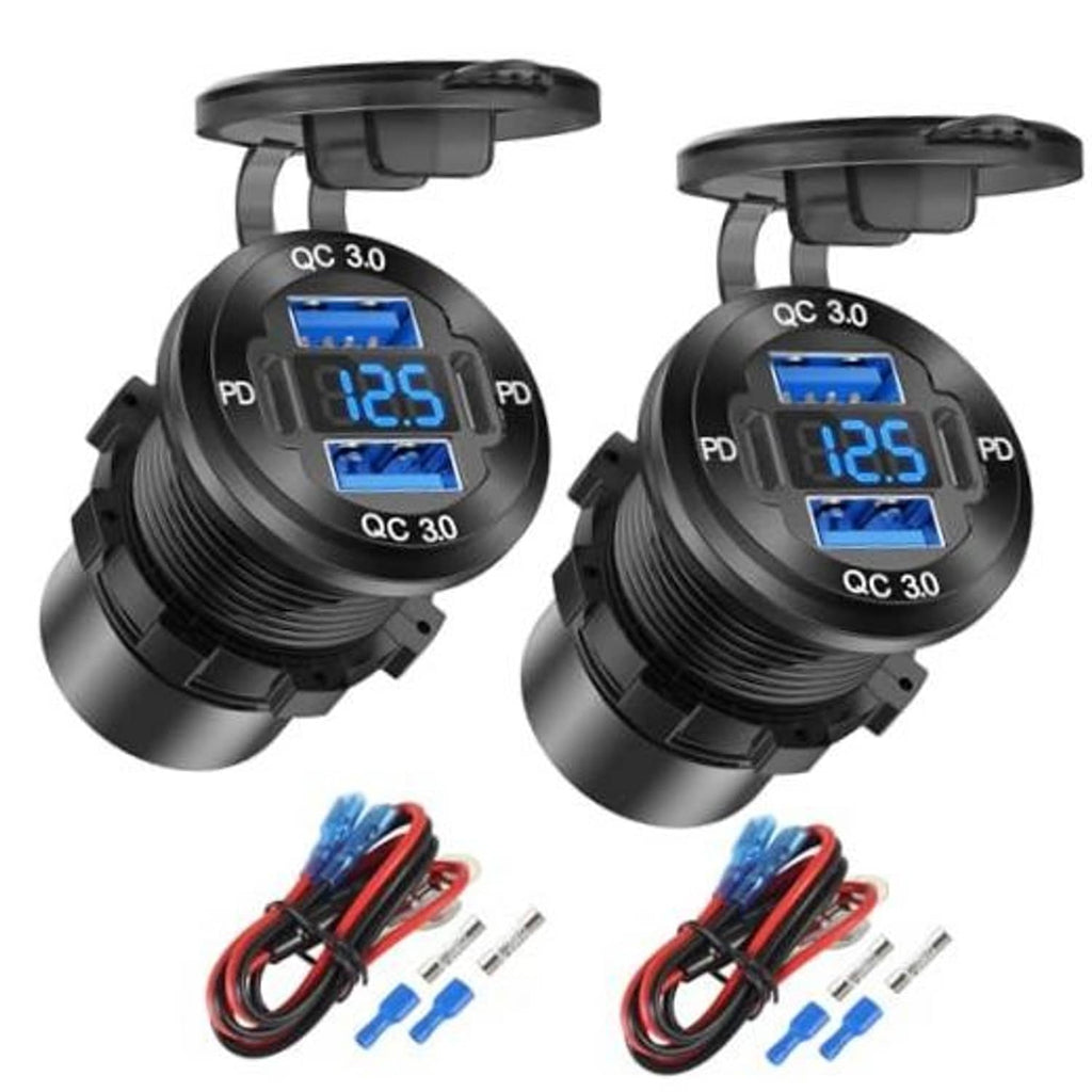 Two black car USB chargers with dual PD/QC ports and blue LED power displays