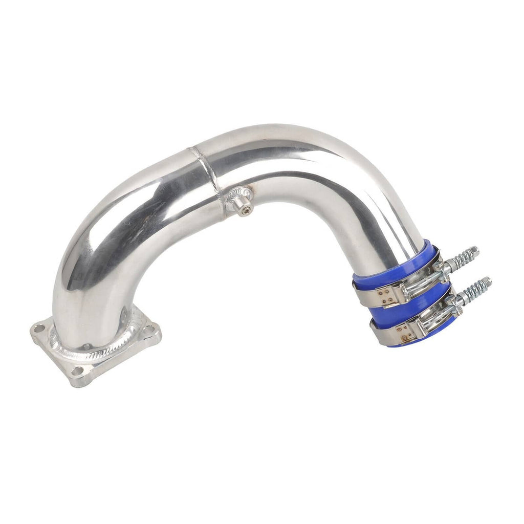 Polished air intake elbow charge pipe with blue silicone coupler clamp on curved tube