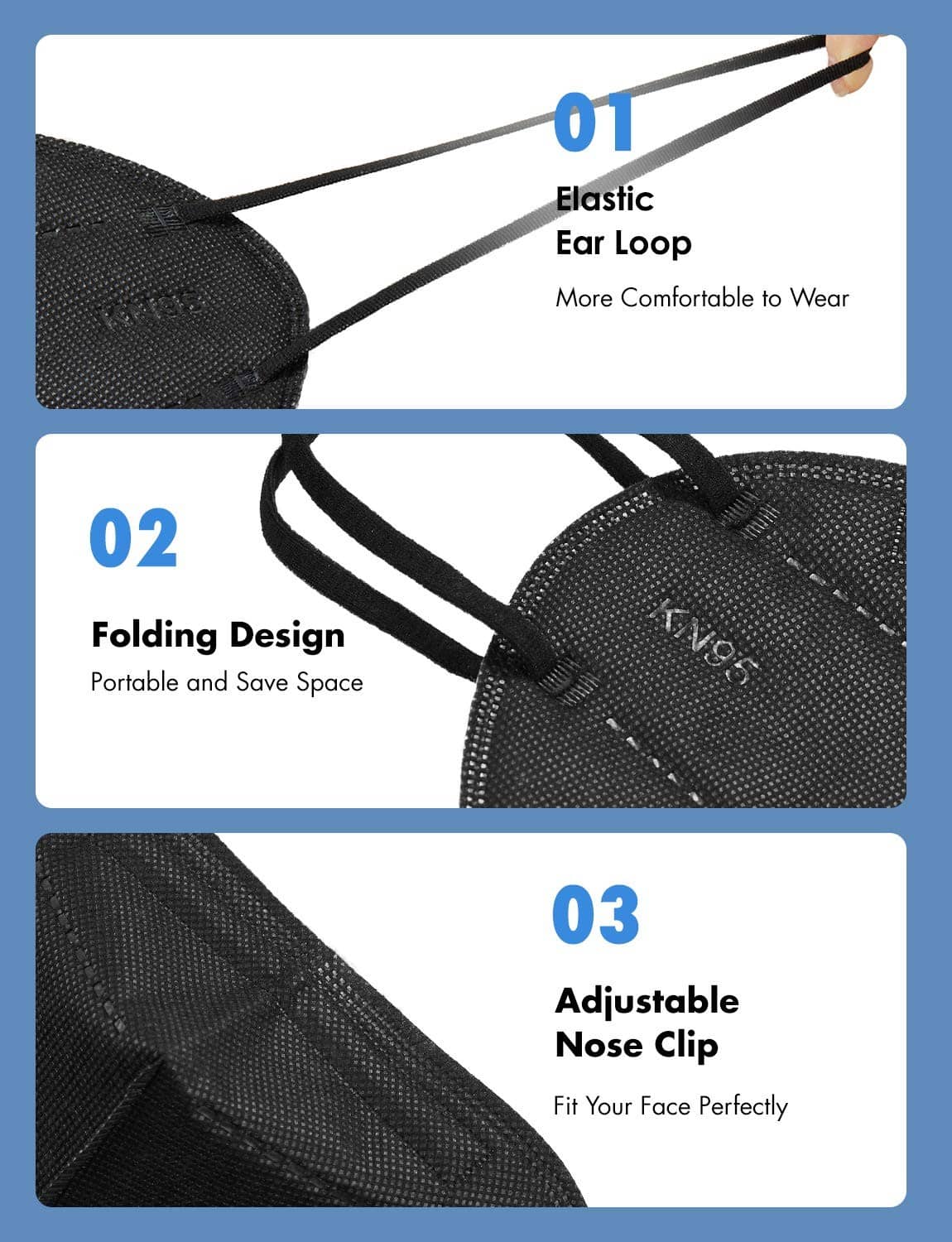 Black KN95 face mask with elastic ear loops and adjustable nose clip