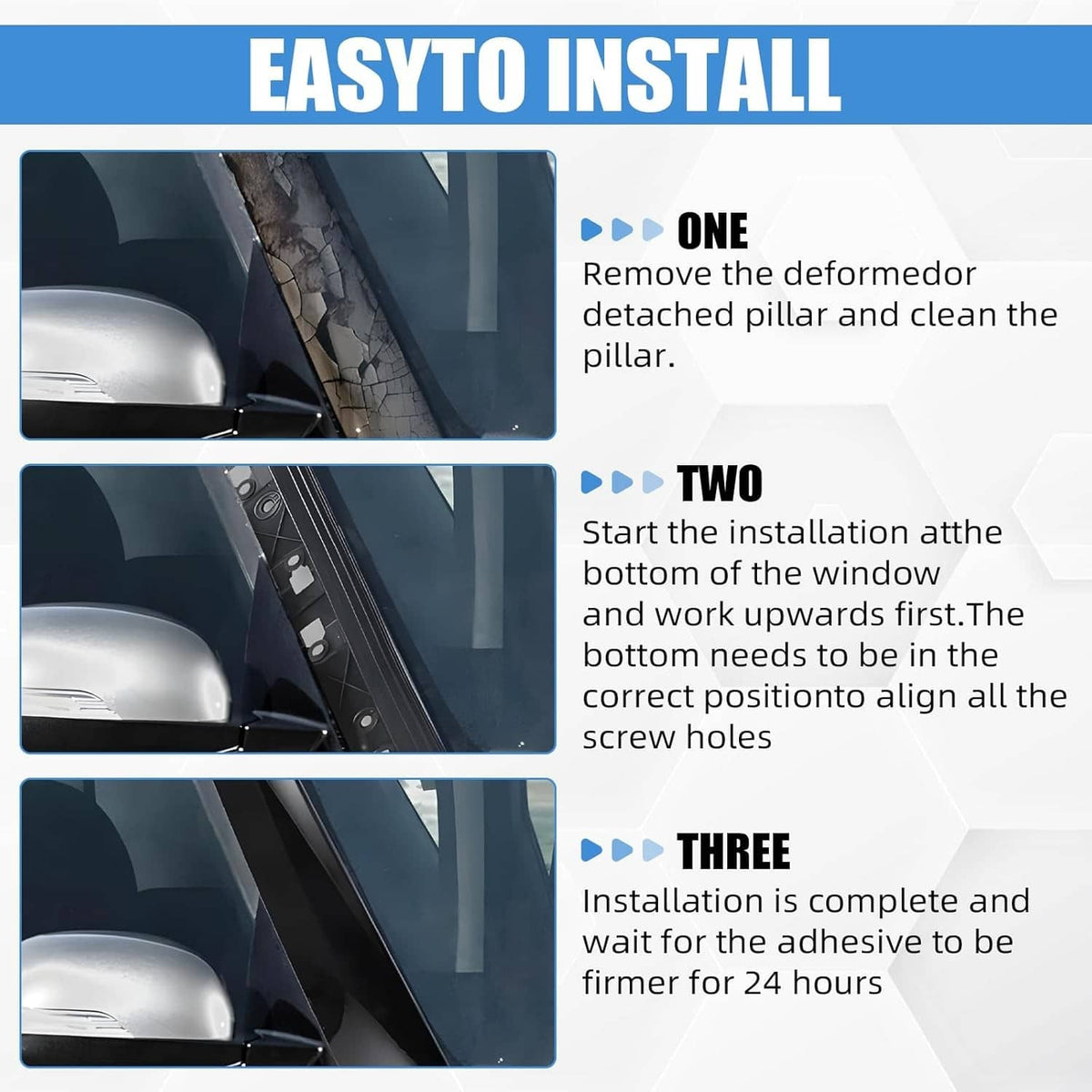 Black A-pillar windshield cover shown during easy installation steps with fasteners