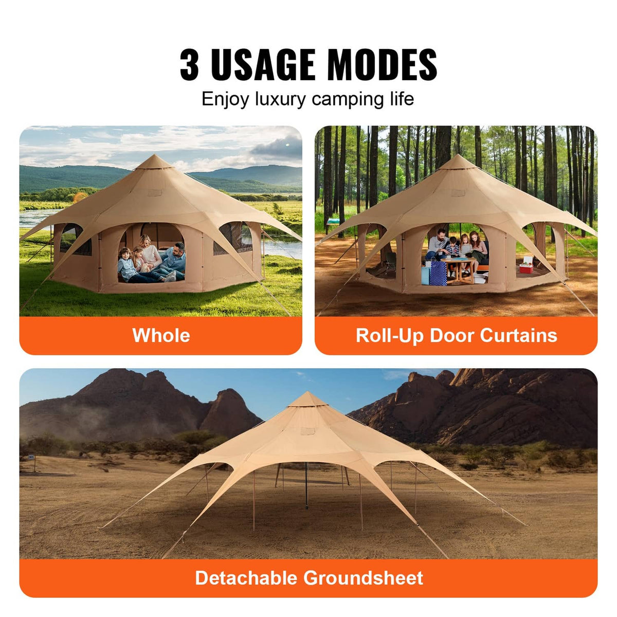 Beige bell tent with roll-up door curtains and detachable groundsheet shown