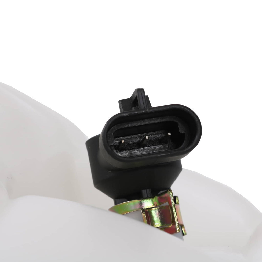 Close-up of coolant reservoir tank electrical connector and terminal on white plastic housing