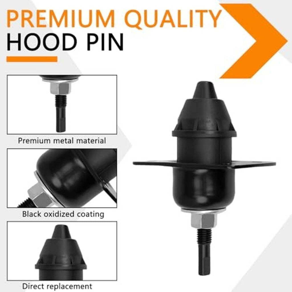 Black hood pin latch with threaded stud and cross-shaped mounting tab