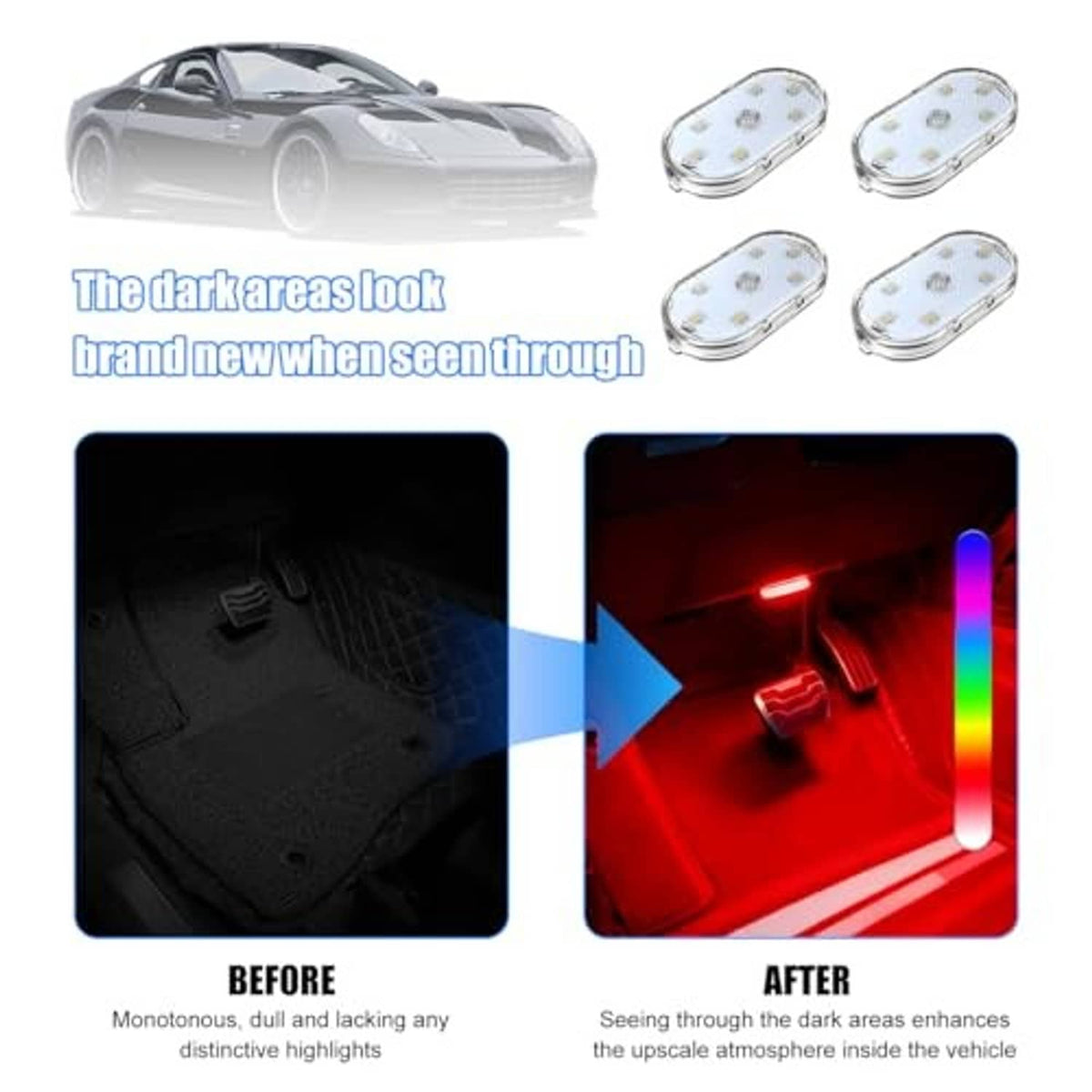Four-pack oval LED car interior lights showing before-and-after vehicle cabin illumination