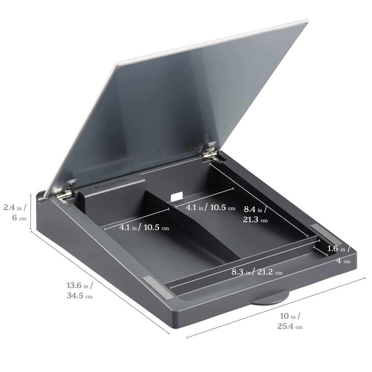Botanical dry-erase glass memo board with open storage tray and hinged cover