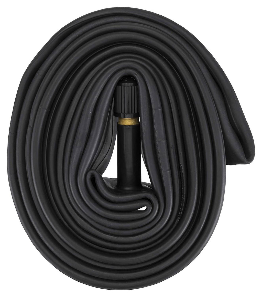 Rolled black bike inner tube with centered Schrader valve stem