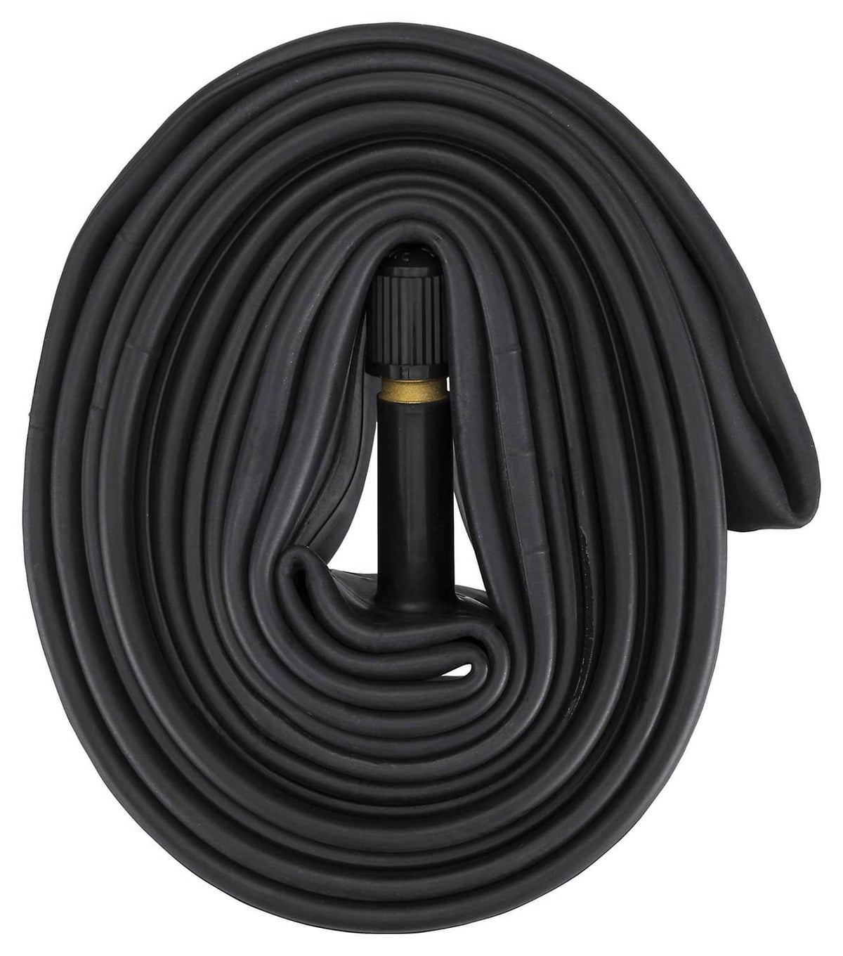 Rolled black bike inner tube with centered Schrader valve stem