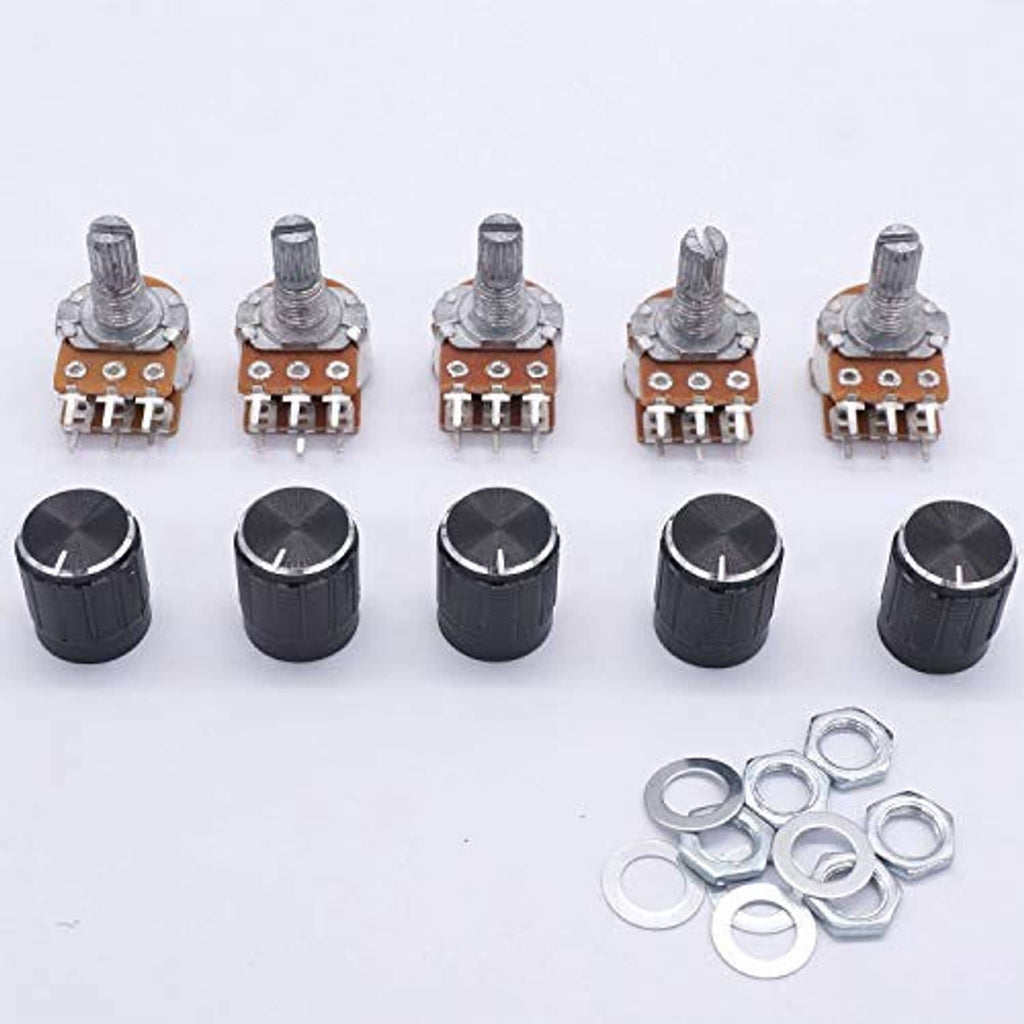 Split-shaft potentiometers with black knobs and metal shafts, plus mounting lock nuts