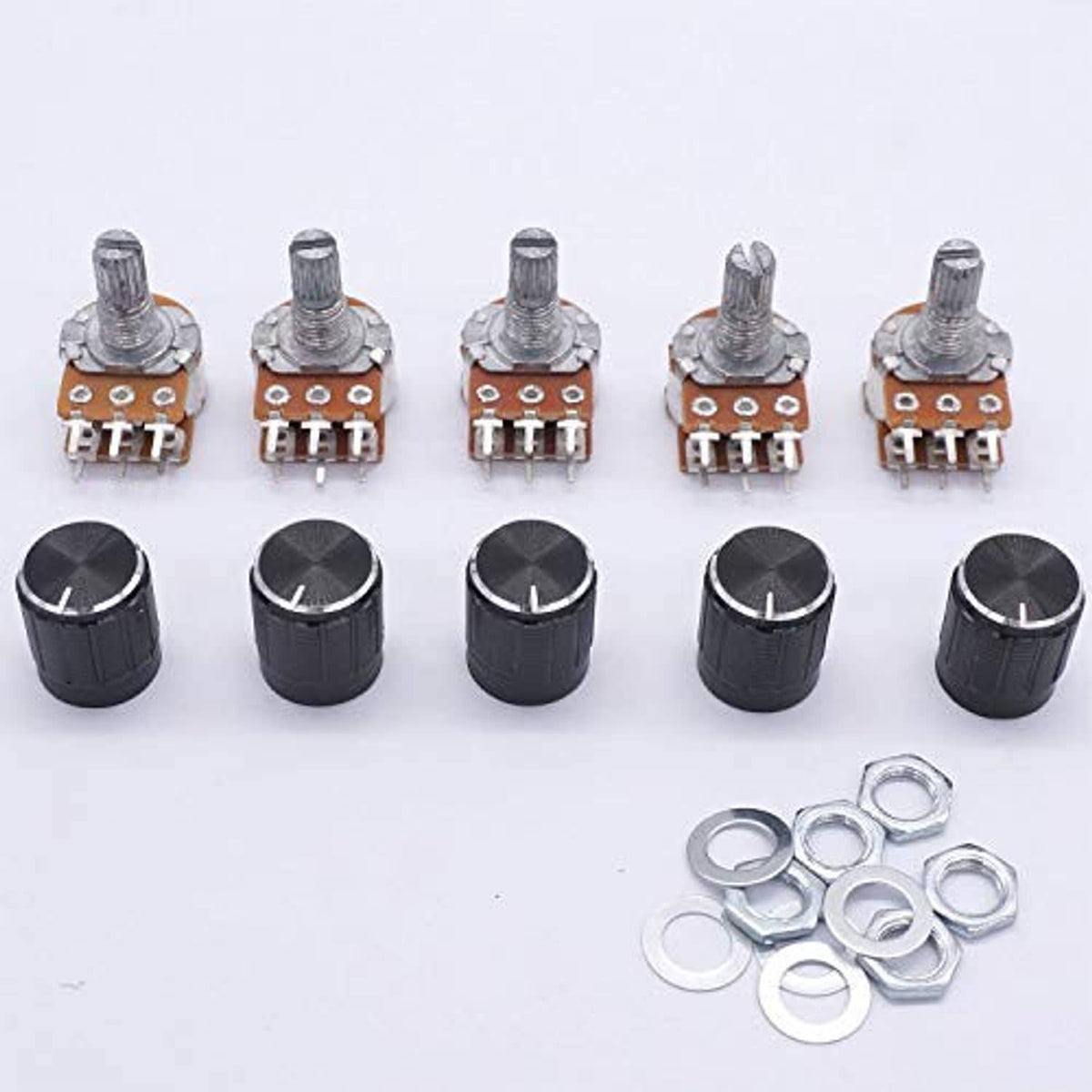 Split-shaft potentiometers with black knobs and metal shafts, plus mounting lock nuts