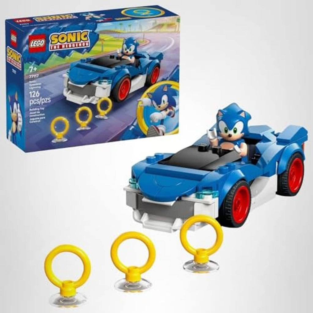 Blue LEGO Sonic race car toy with Sonic figure and three yellow rings