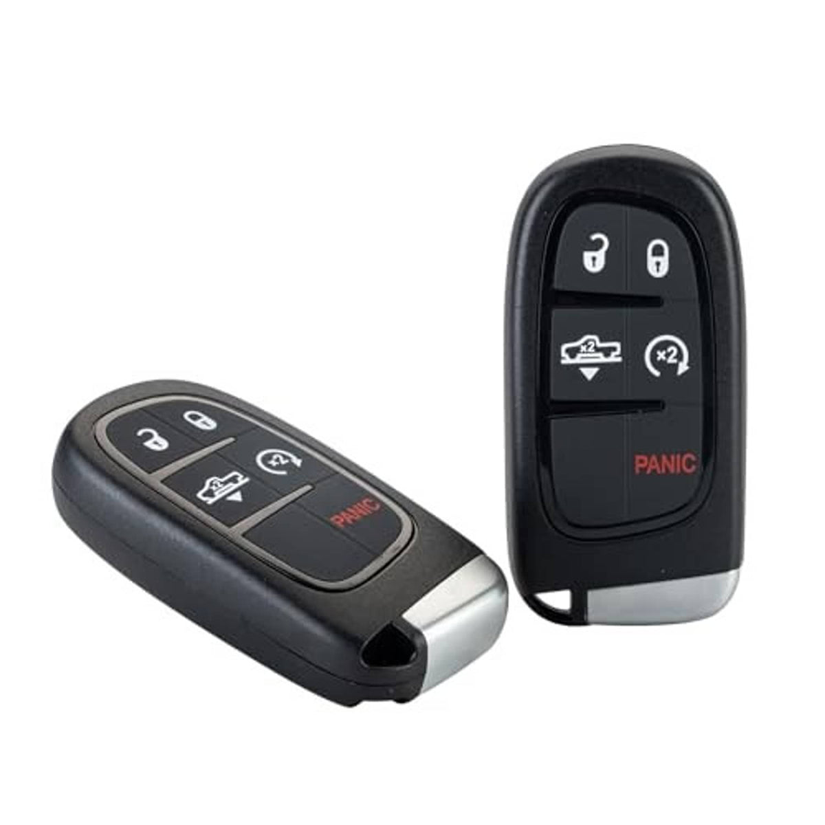 Black keyless remote fob with 5 button icons and silver metal key blade