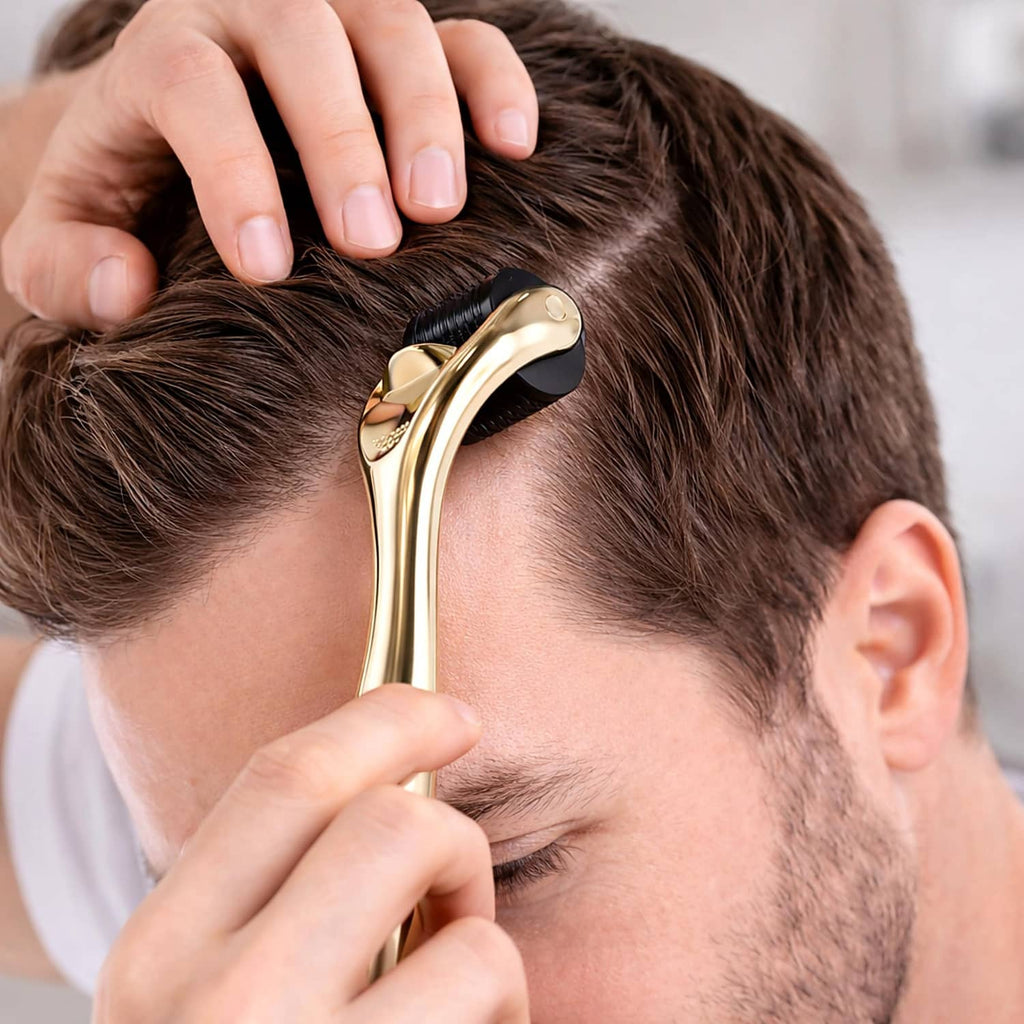 Gold microneedle derma roller rolling over short hair on scalp