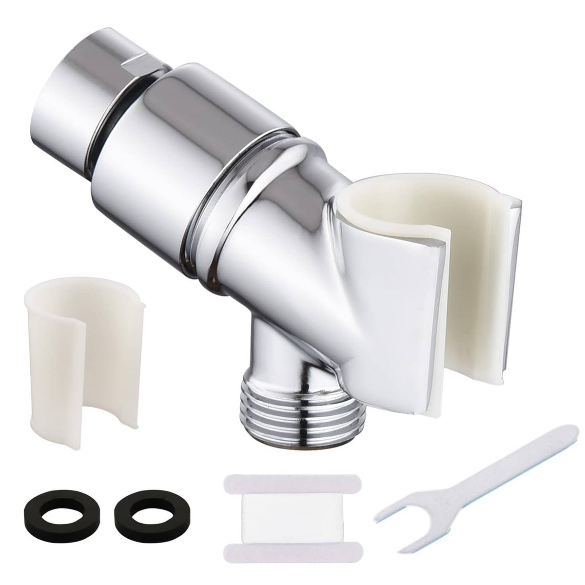 Chrome shower head holder with card-slot inserts and threaded outlet
