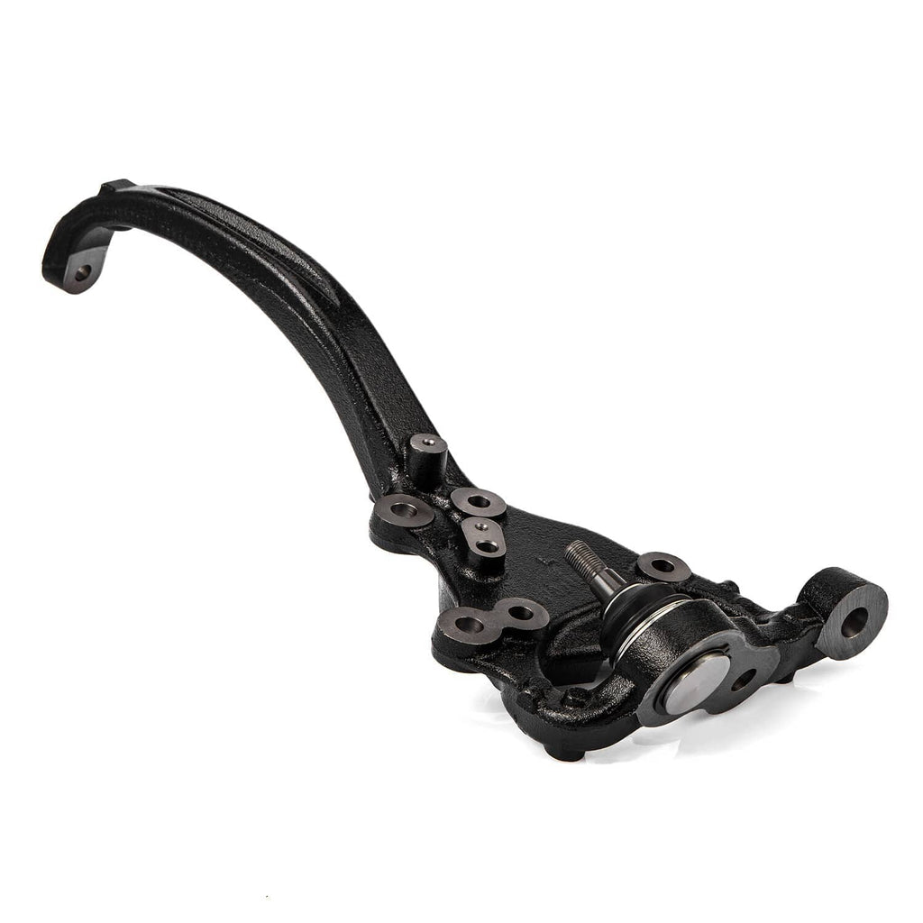 Steering knuckle with curved control arm and ball joint, black metal components