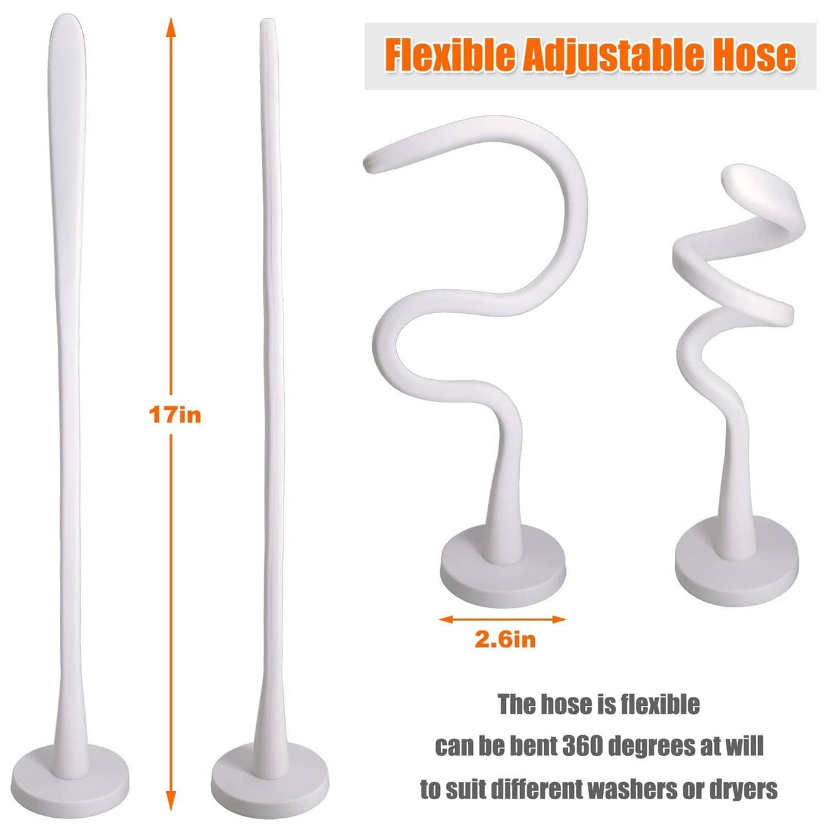 White front-load washer door prop with flexible adjustable hose and base measurements